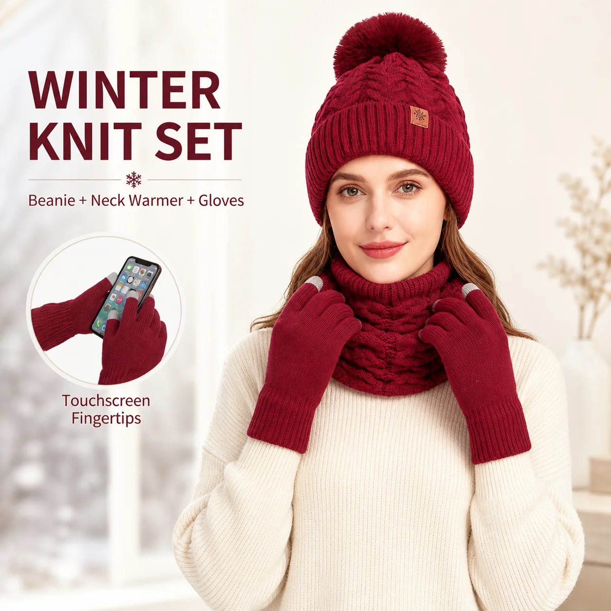 3 Pieces Set Thermal Underwear Set Scarf, Hat, Gloves Warm Knitted Hat Soft and Breathable Set