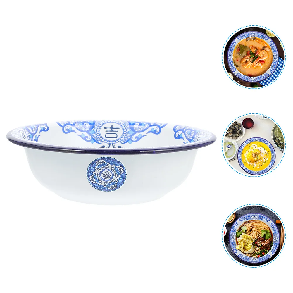 

Enamelware Deep Plate Food Grade Enameled Steel Non-Stick Blue Rim Soup Basin For Dough Making Washing Fruits Vegetables Round