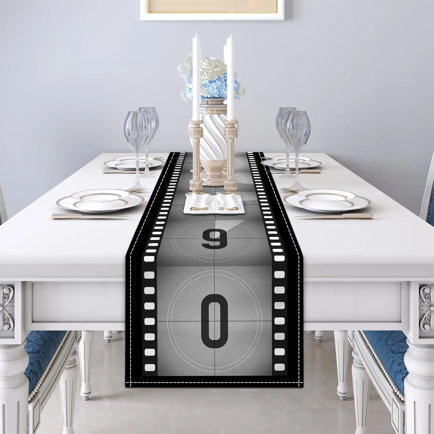 Movie Themed Black White Film Strip Linen Table Runner Tabletop Decor Reusable Kitchen Dining Table Runner Holiday Party Decor