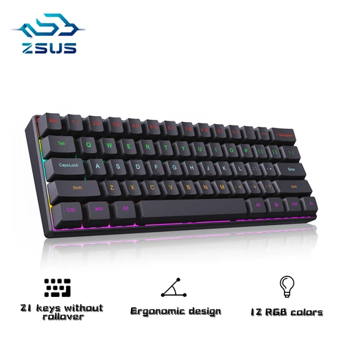 ZSUS Z61-B Mini teclado mecánico USB para juegos interruptor rojo retroiluminado RGB 61 teclas sensación con cable para juegos/oficina