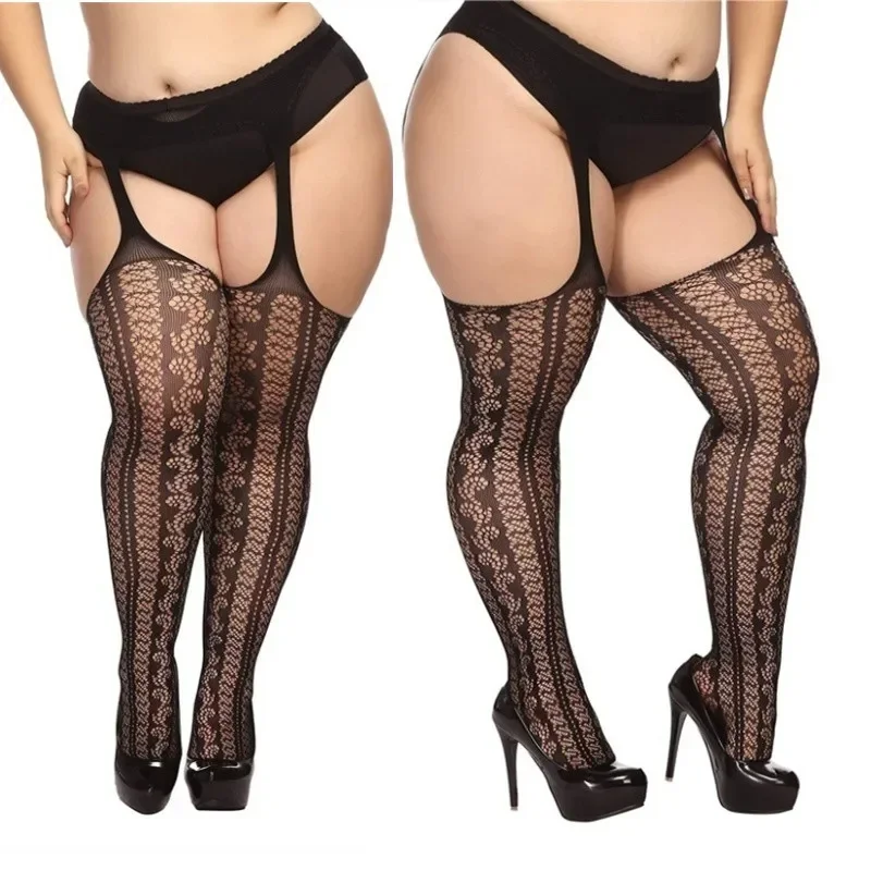 Além de tamanho feminino sexy fishnet meia liga cinto elástico cintura alta transparente apertado lingerie peixe net pantyhose aberta virilha