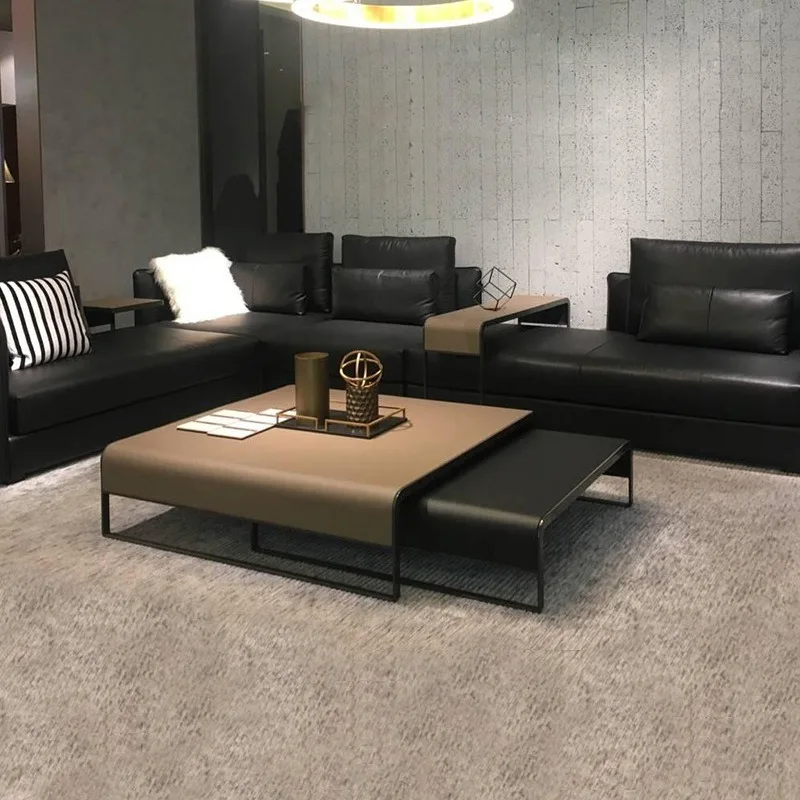 Italian minimalist coffee table light luxury leather square Italian telescopic tea household small apartment Nordic simple