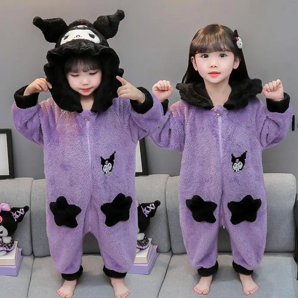 Autumn Winter Kawaii Kuromi Kids Plush Jumpsuit Pajamas Anime Sanrio Cartoon Girl Casual Anti-Kick Warm Homewear Cute Nightwear