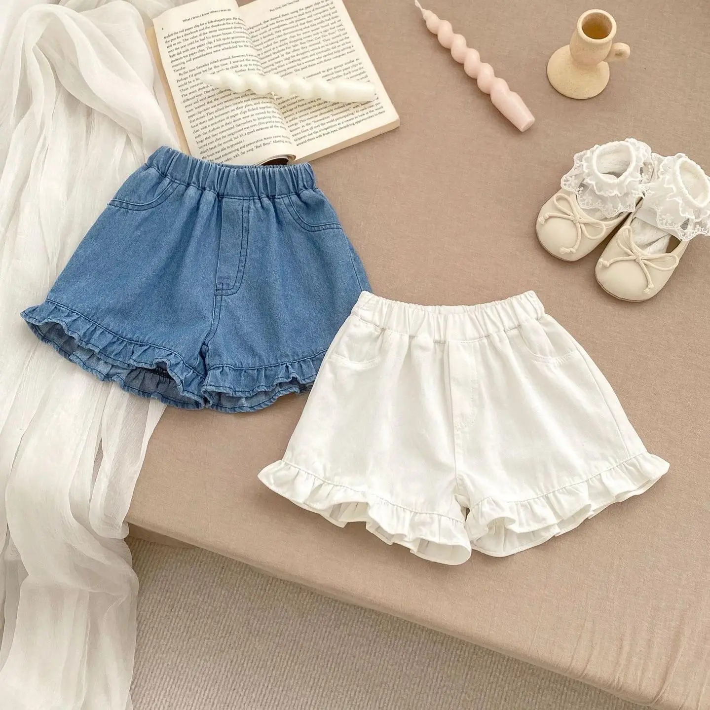 New Summer Girl Infant Solid Soft Denim Shorts Newborn Baby Thin Ruffle Jeans Toddler Cotton Casual Short Pants Kid Mid Trousers