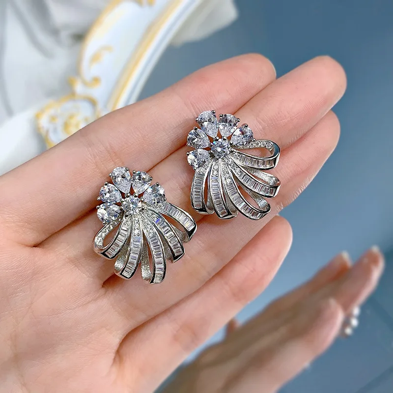 

Luxury 100% 925 Sterling Silver Lab Diamond Flower Ear Stud Earrings Fine Jewelry For Women Anniversary Gift