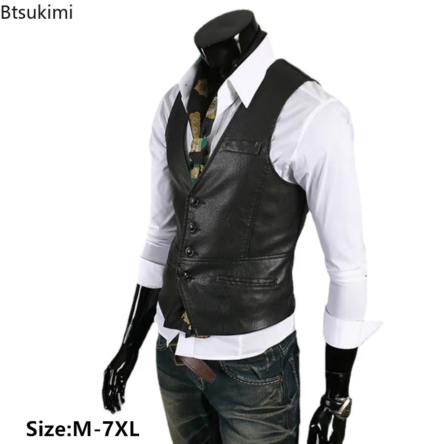 

Plus Size 7XL Men's Fashion PU Leather Vest Korean Style Slim Design Sleeveless Leather Tops Business Party Waistcoat Gentleman