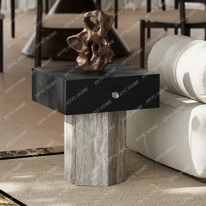 

ZH Solid wood natural travertine edge living room sofa retro style home multi-functional bedside table