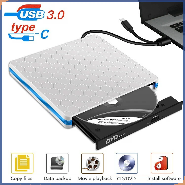 External DVD Drive USB 3.0 Portable +/-RW Player for CD ROM Writer Burner Compatible with Laptop Desktop PC Windows