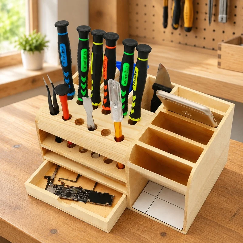 Multi-Section Wooden Tray for Organizing Phone Repair Tools Including Screwdrivers, Pliers, Tweezers, and Small Parts