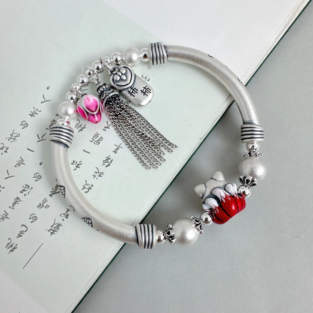 999 Silver Fox Lotus Tassel Charms Bracelets for Women Girls Original Handmade Silver Beaded Hand Jewelry Gifts Wholesale SL111