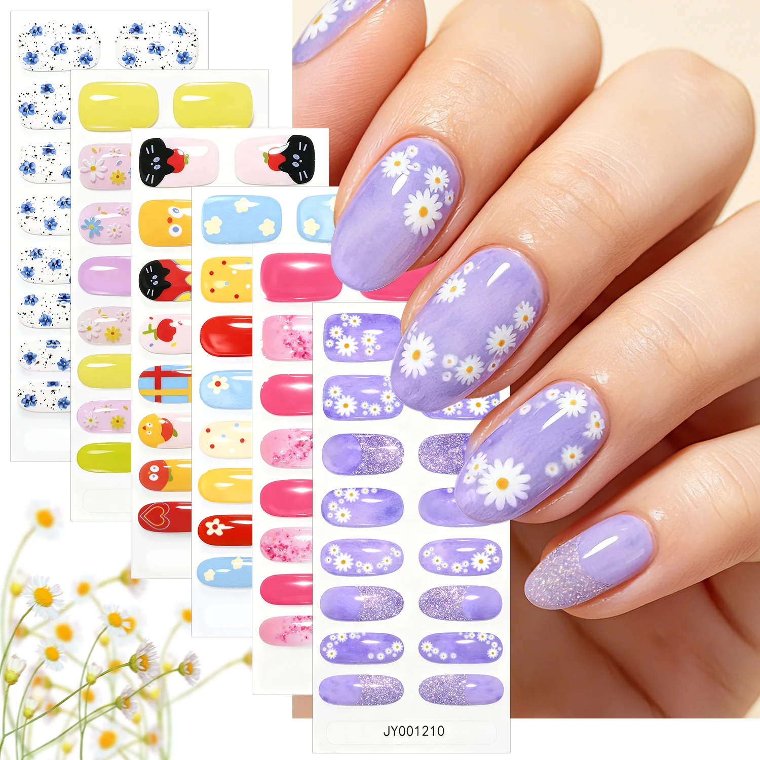 16 Tips Dopamine Cute Daisy Flower Nail Wraps Stickers 3D Full-Cover Baking-free Adhesive Gel Nail Sticker DIY Manicure Decals