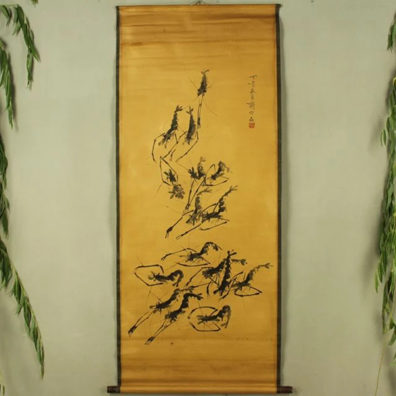 China Antique collection the Qi Baishi shrimp diagram Hanging pictures the living room decorative paintings in the middle hall