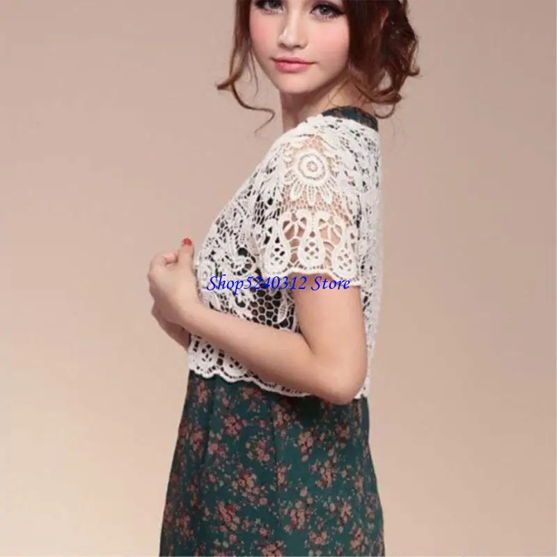 634C Women Crochet Floral Lace Shrugs Open Front Cardigan for Wedding Evening Dresses
