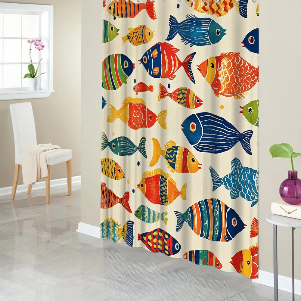 colorful cartoon fish shower curtain vibrant sea life art design for kids bathroom decor with hooks Can be used as a partition