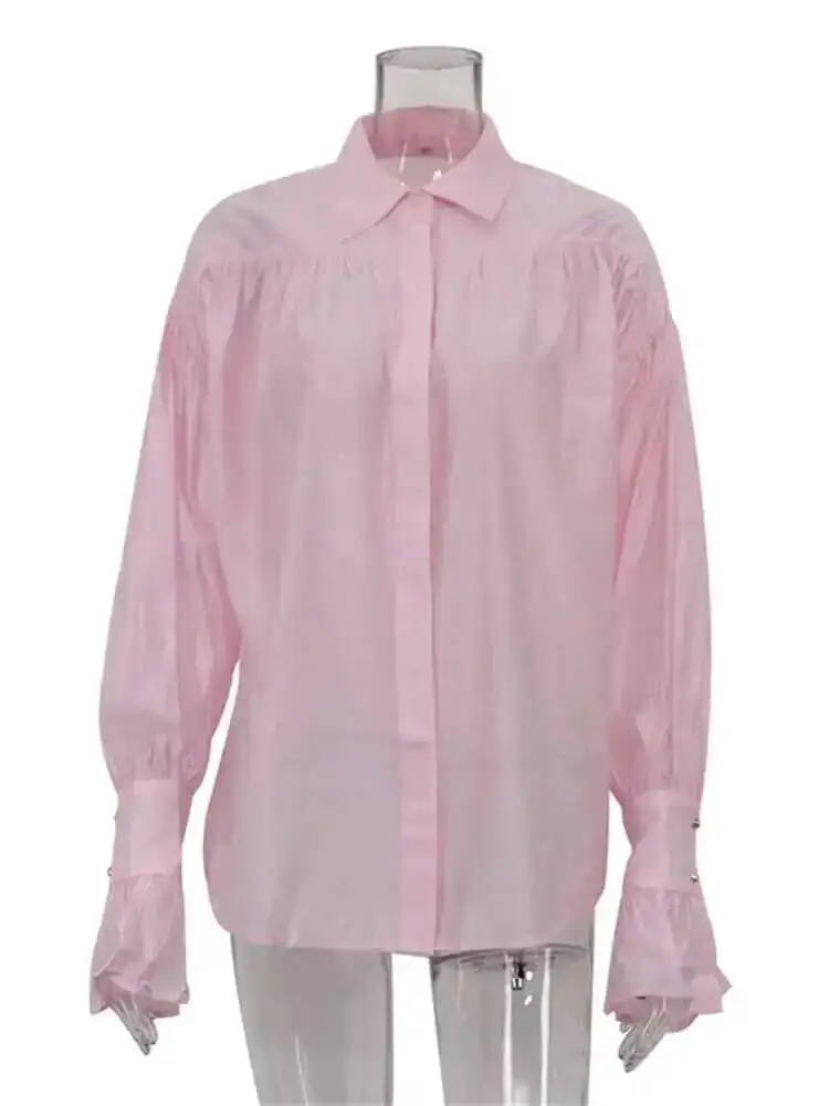 Casual solto transparente camisas femininas outono lapela manga longa retalhos blusa topo streetwear feminino camisas sólidas topo ml98