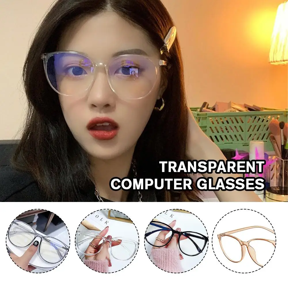 Transparent Computer Glasses Frame No Degree Women Glasses Women Men Girls Blocking Couple Round Eyewear Temperament Decor S7K2