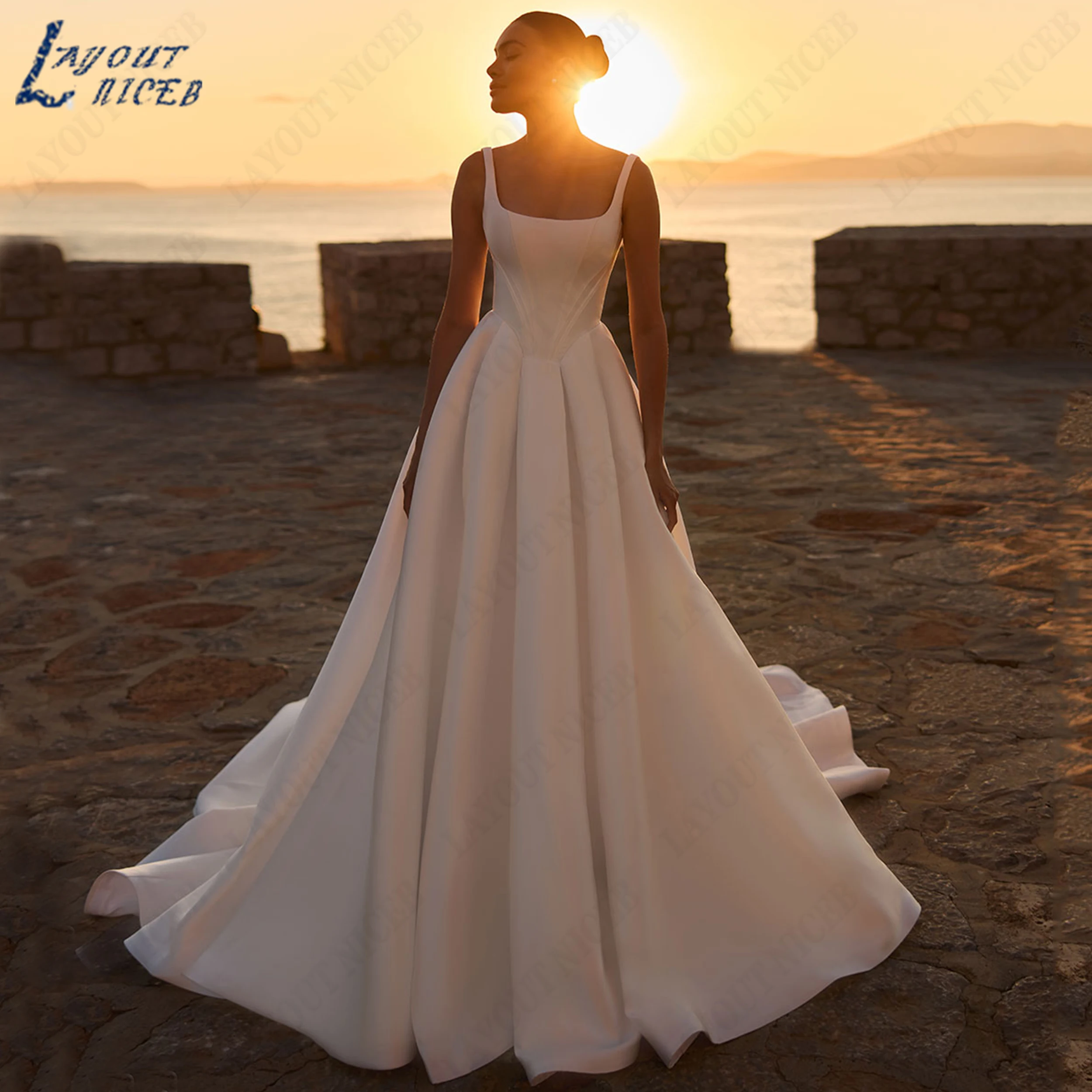 LAYOUT NICEB Customized Square Neck A‑Line Wedding Gown Spaghetti Straps Satin Gowns For Bride Minimalist Basque Bridal Dress