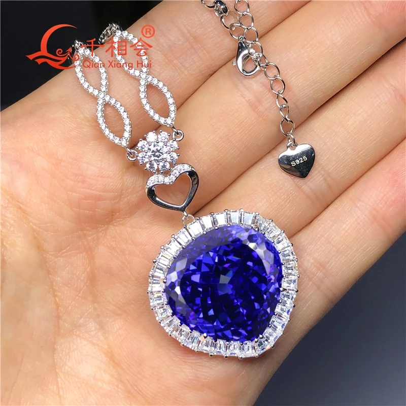 S925 Silver Blue Tanzanite CZ Or Moissanite melee Stone Titanic 'Heart of the Ocean' Love Forever Pendant Necklace Jewelry