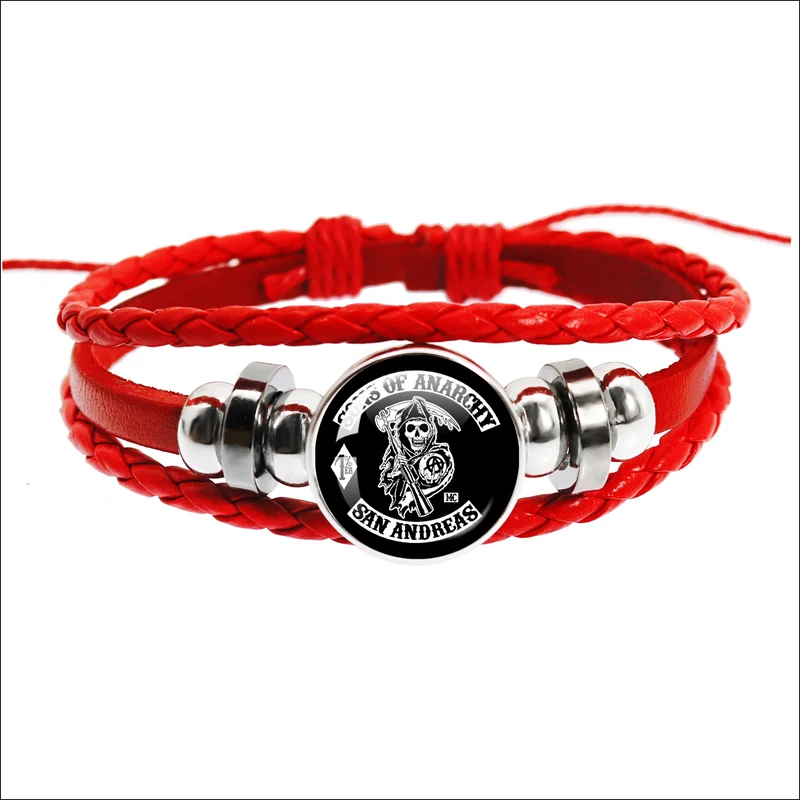 2023 New Sons Of Anarchy LOGO Black And Red Buckle Leather Rope Bracelet Freedom Symbol анархия  Round Jewelry