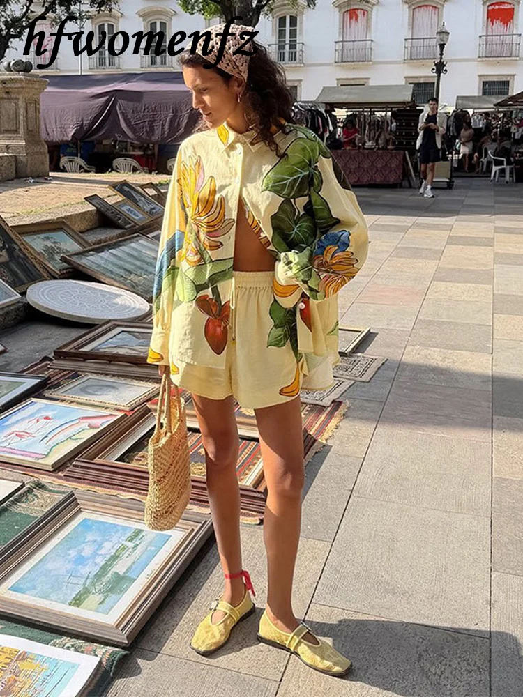 

Casual Printed Women's Shorts Suit Full Sleeve Turn-Down Collar Loose Shirt Lady Set 2026 Summer Fashion Female Chic Outfits