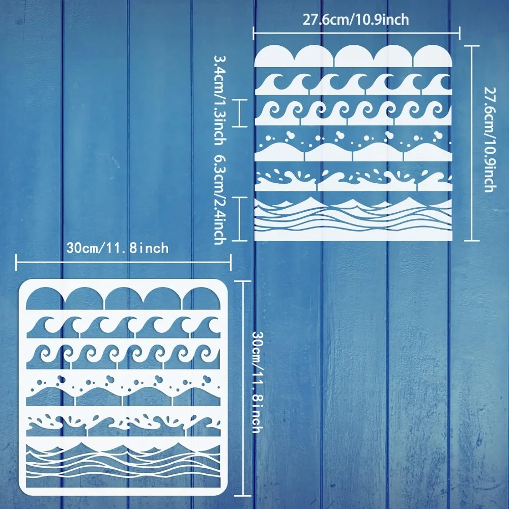 Sea Waves Stencil 11.8x11.8 inch Scallop Edge Painting Stencil Plastic 6 Styles Wave & Scallop Border Pattern Stencils Reusable