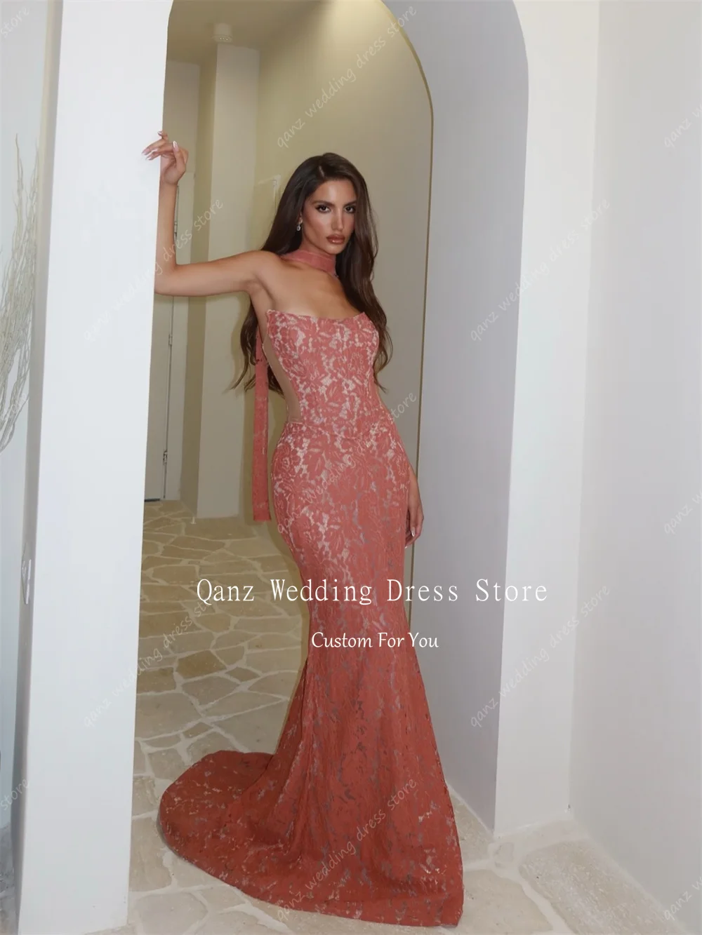 Qanz Koraalrood Chique Kant Avondjurk Zeemeermin Strapless Jurken Voor Bruiloftsgasten Lint Corset Party Prom Gown Aangepast