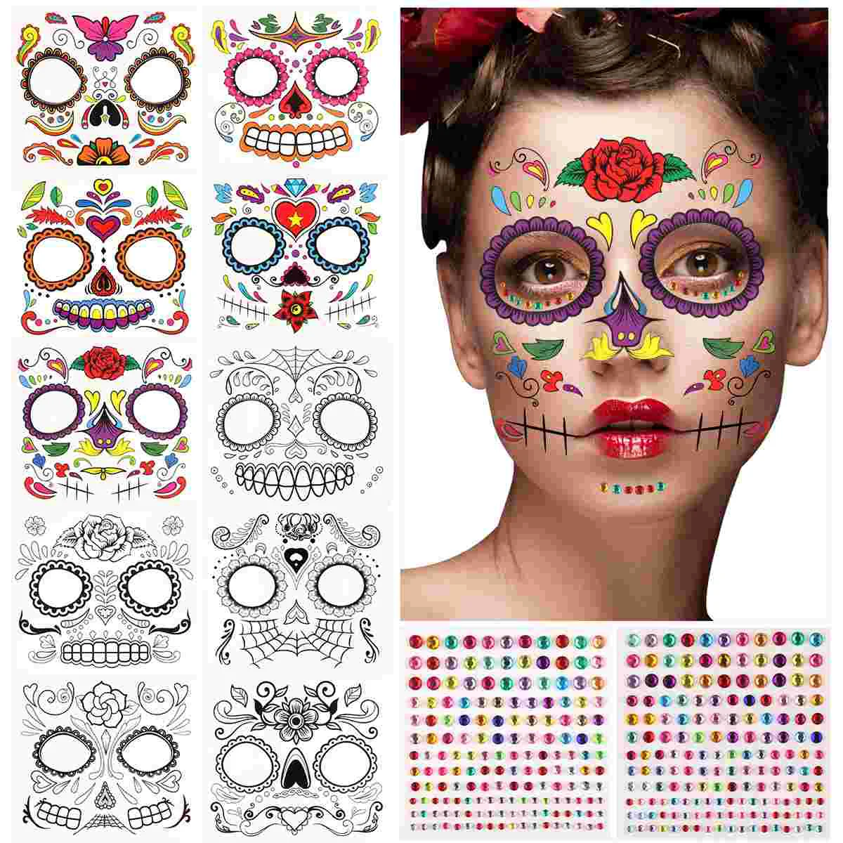 

Cosplay Face Flower Stickers Skull Tattoos for Halloween Roses Temporary with Gems