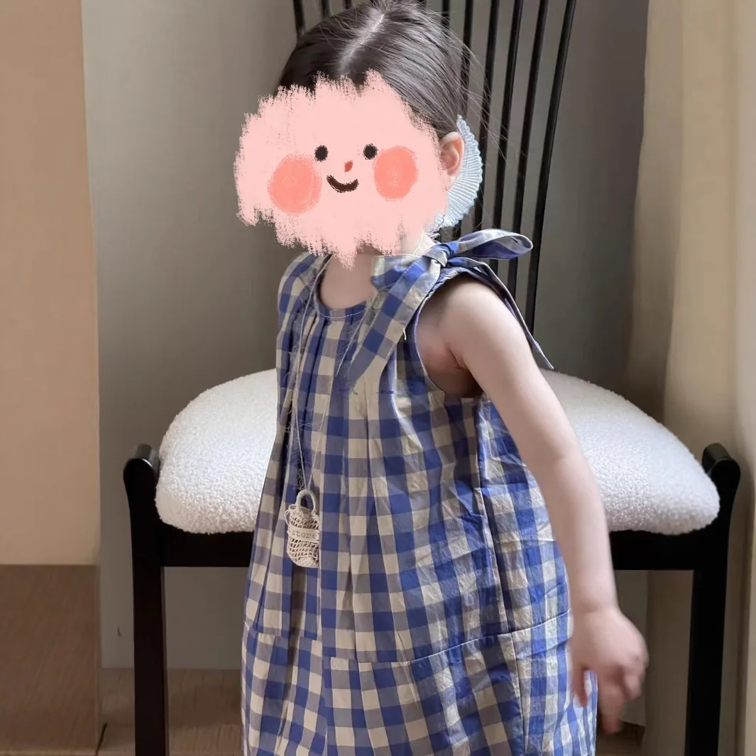 Vestido a cuadros para niñas, primavera 2025, nueva moda coreana, bonito, dulce, informal, suelto, con nudo a tope, sin mangas, a cuadros