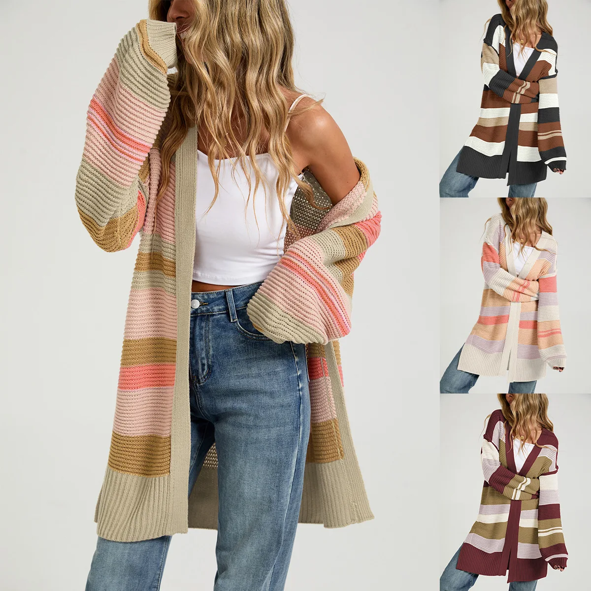 Cardigan Women Sweaters Mid Length Coats Vintage Striped Jackets Full Sleeve Jumpers Y2k Streetwear Elegant Knit Autumn Winter