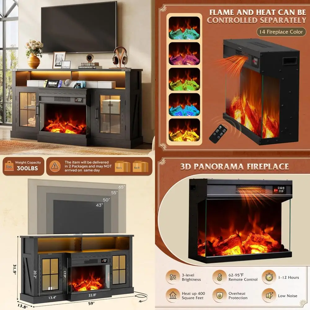 3-Sided Glass Electric Fireplace TV Stand - Entertainment Center for 65 TVs, 14 Color Flames & Adjustable Storage