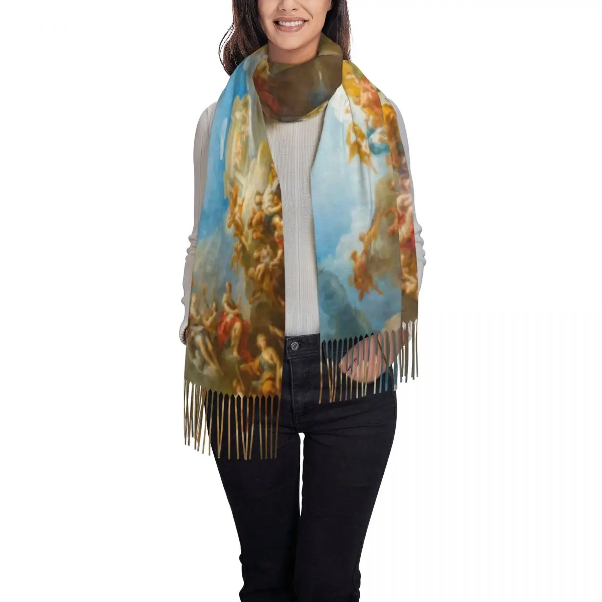 Luxury Fresco Of Angels In The Palace Of Versailles Tassel Scarf Women Winter Warm Shawl Wrap Female Renaissance Scarves