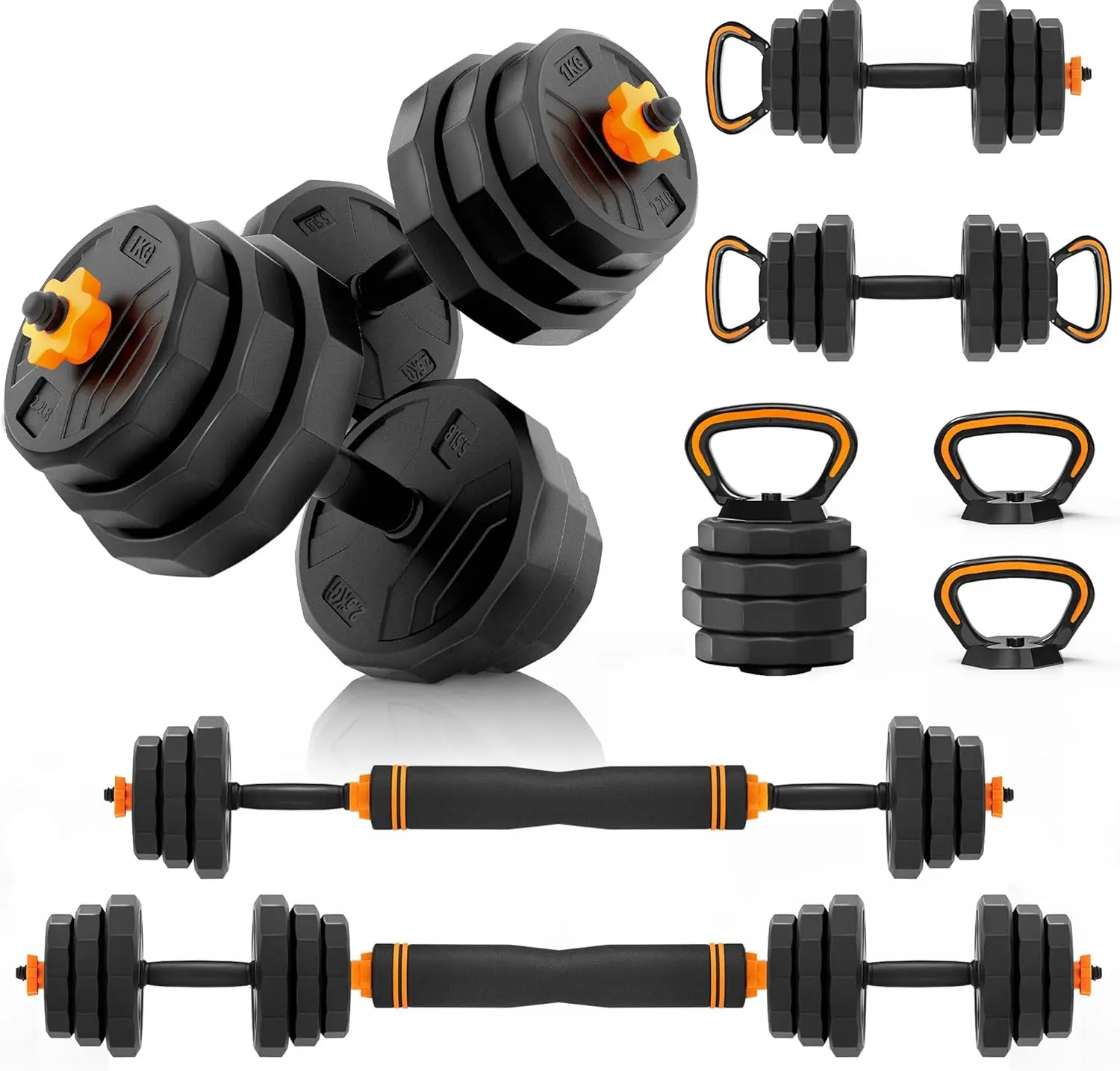 

HTK Adjustable Weight Dumbbell Set - 4 in 1 Free Weight Set with Connector - Dumbbells, Barbells, Kettlebells, Push-Up Bars for