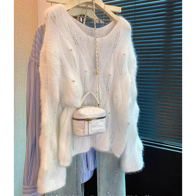 

Полый ленивый вязаный свитер, женский корейский модный повседневный пуловер с бисером, однотонный свободный длинный рукав, нежный белый мохеровый джемпер, топ