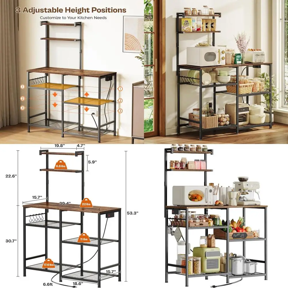 

Кухонный стеллаж для хранения в деревенском стиле, коричневый, 39,4 дюйма, с розеткой, подставкой для микроволновки, кофейной станцией и 4 крючками