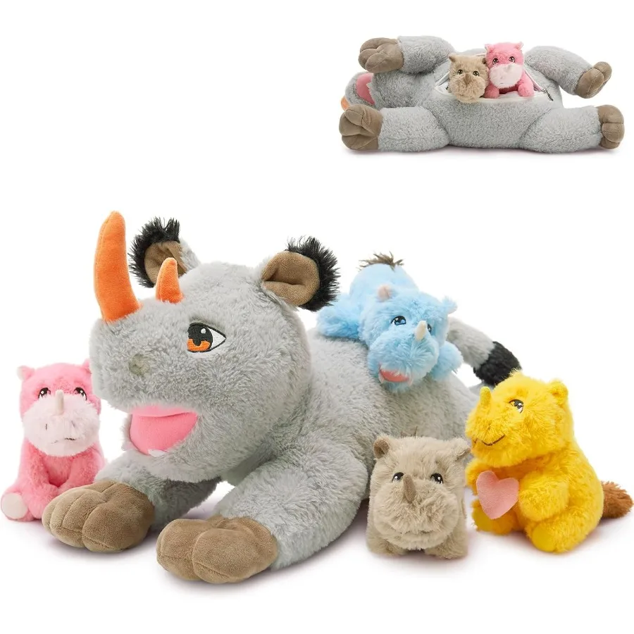 

19.5 Rhino Stuffed Animal Plush with 4 Baby Rhino Plushies Inside Soft Brown Wild Animal Toy for Boys Adorable Gift for Birthda