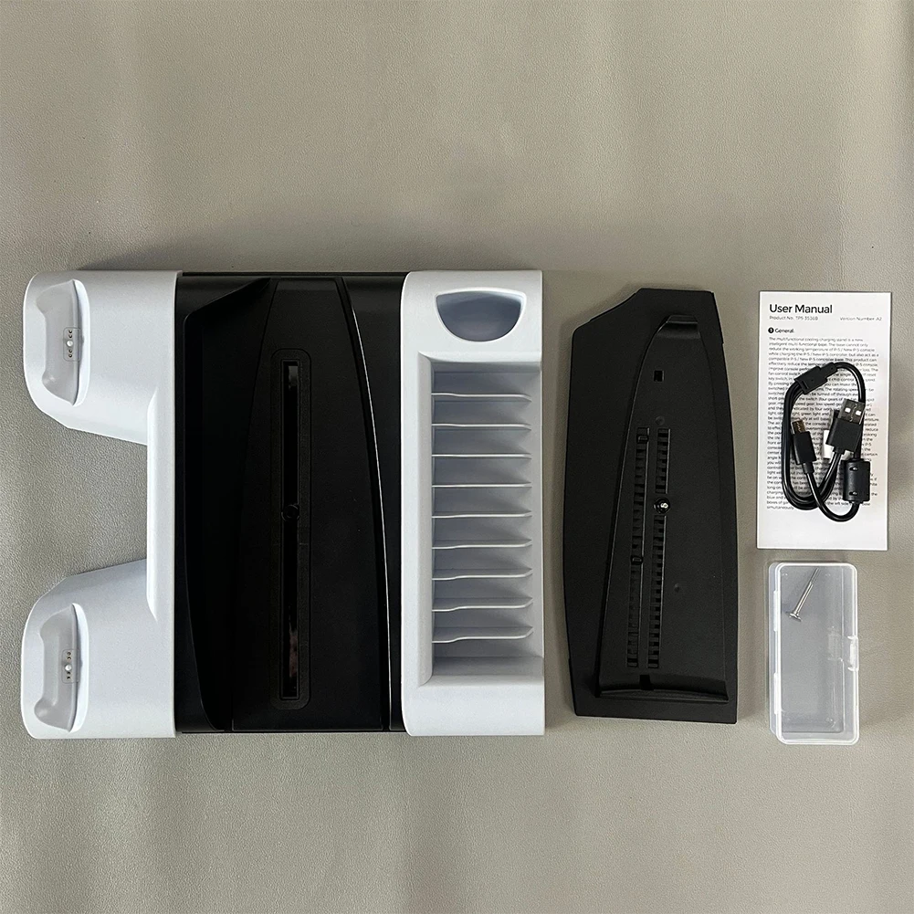 حامل تبريد عمودي لوحدة التحكم PS5 Pro/PS5 Slim/PS5 شاحن وحدة التحكم السريعة مروحة التبريد وحامل شحن منظم قرص الألعاب