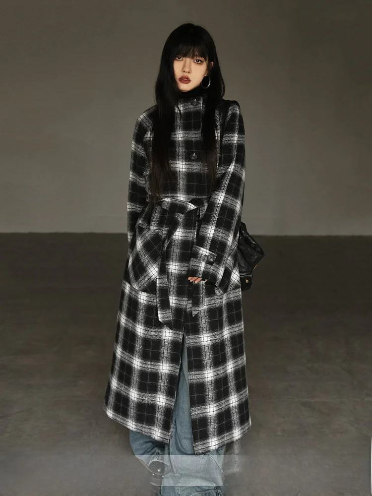 

Thiened Winter Plaid Double-sided Woolen Coat Women's Long Sle Korean Retro Sle Commute Straight-cut Polyester Jaet