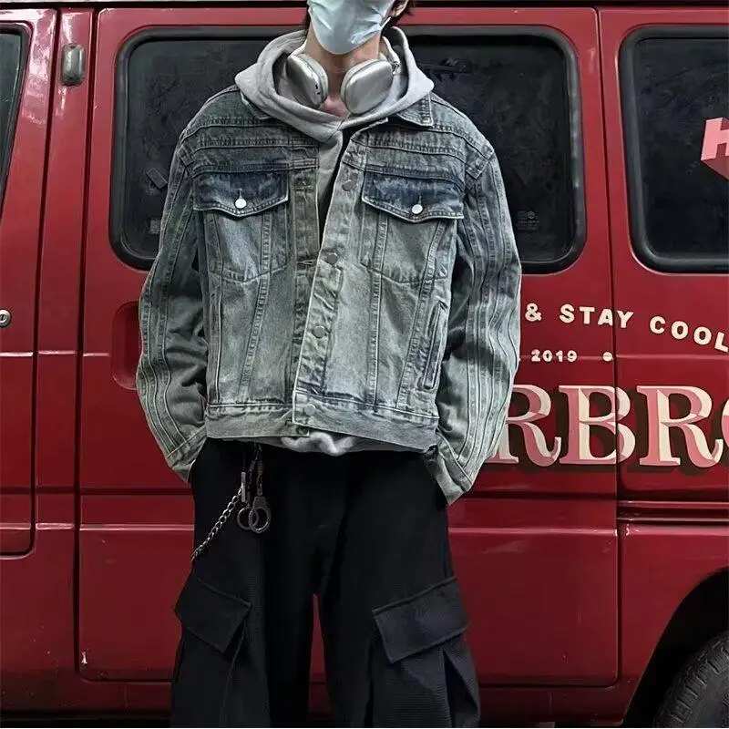 

Classic Waed Vintage American Sle Men's Jaet Spring Autumn Trendy Brand Jeans Coat Youthful Stand Fit Long Sve