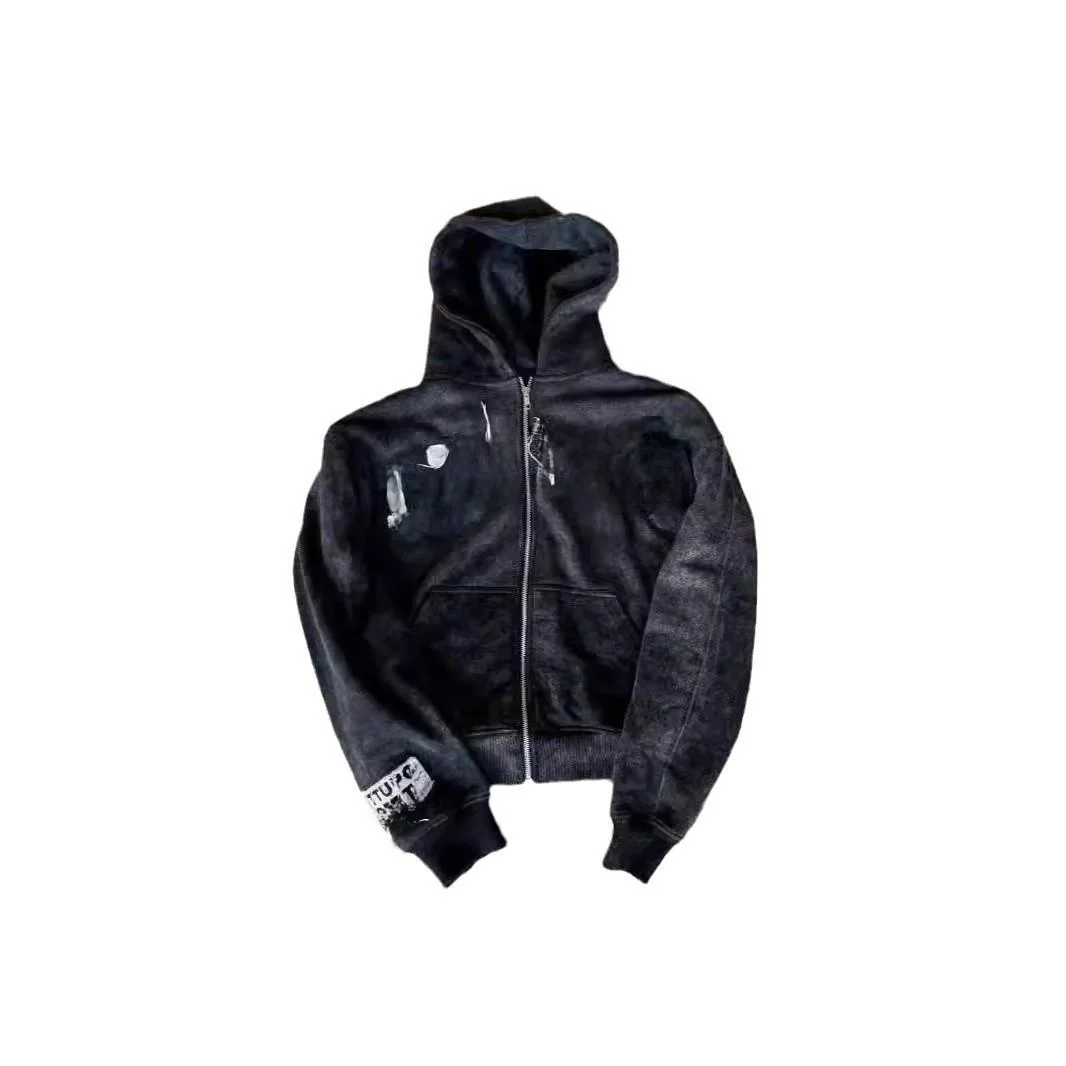 스트리트 슬레 커플 후디 Y2K 레트로 아메리칸 카모플라주 프린트 지퍼 재킷 롱 슬리브 폴리에스터 섬유 오픈 카디건