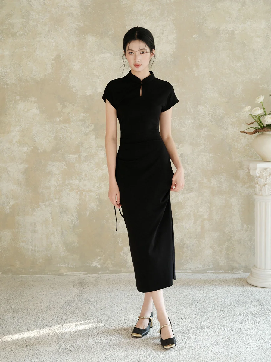 

Новое китайское платье-ципао для похудения, длинное, женское, модное, из смесового хлопка, эластичная ткань, летнее, новинка...