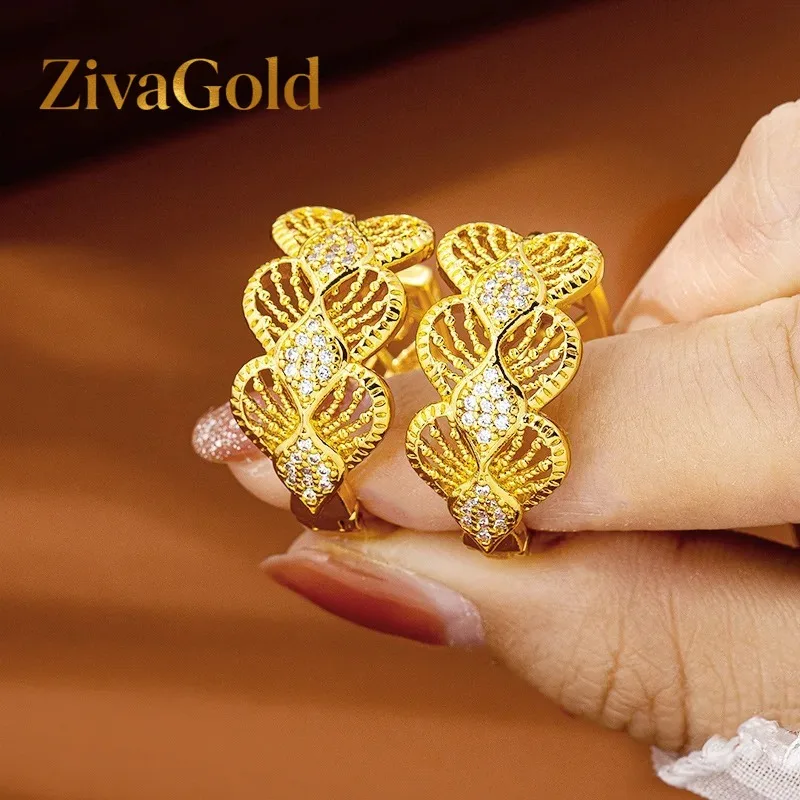 

ZivaGold Luxury 24K 9999 Pure Gold real gold Women's Fashionable Hollow-out Diamond-studded Geometric Earrings