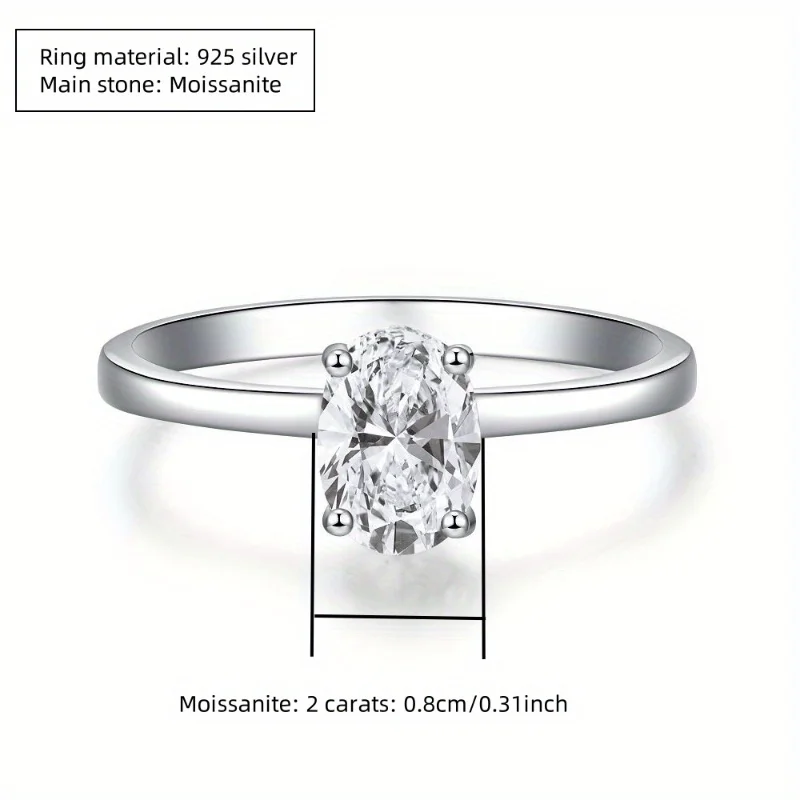 925er-Silberring mit einem 2-Karat-Oval-Moissanit; Geeignet für den täglichen Gebrauch, Hochzeiten, Bankette und Feiern. – Detail 6