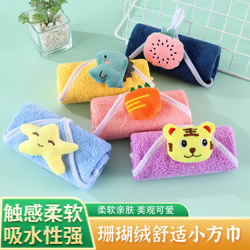 Cartoon Hanging Hand Towels Coral Plush Household Water Absorbent Towels Thickened Square Towels for Children's Cute New Style