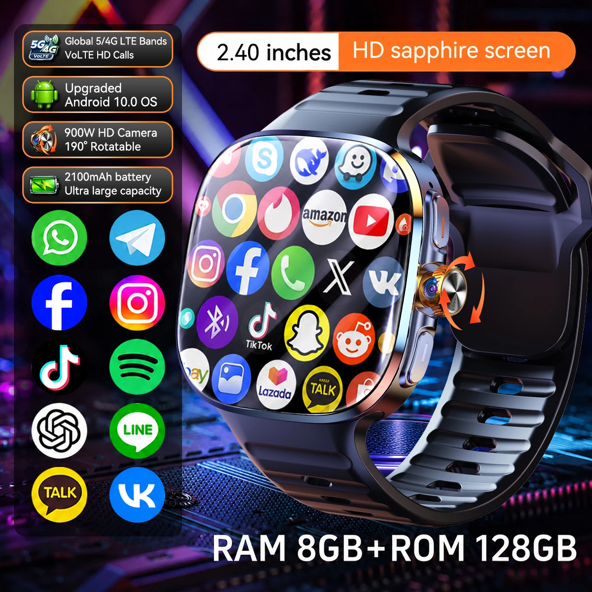 Montre connectée 5G/4G 8 Go + 128 Go de RAM, écran AMOLED 2,4 pouces, batterie 2100 mAh, caméra 900W, GPS, WIFI, téléchargement d'applications vidéo, Android 10.0