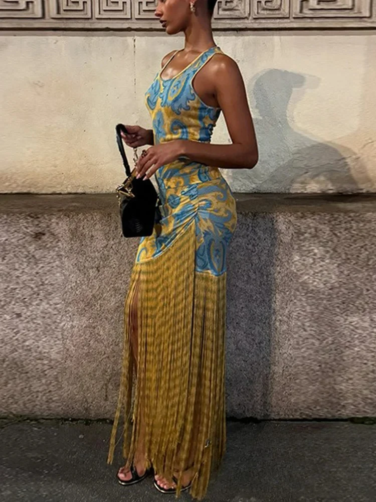 KONDALA Casual Chic Donna Stampa Abito Camis Senza Maniche Cerniera Lungo Sottile Nappa Abiti New Fashion 2025 Vestito da Festa per Feste