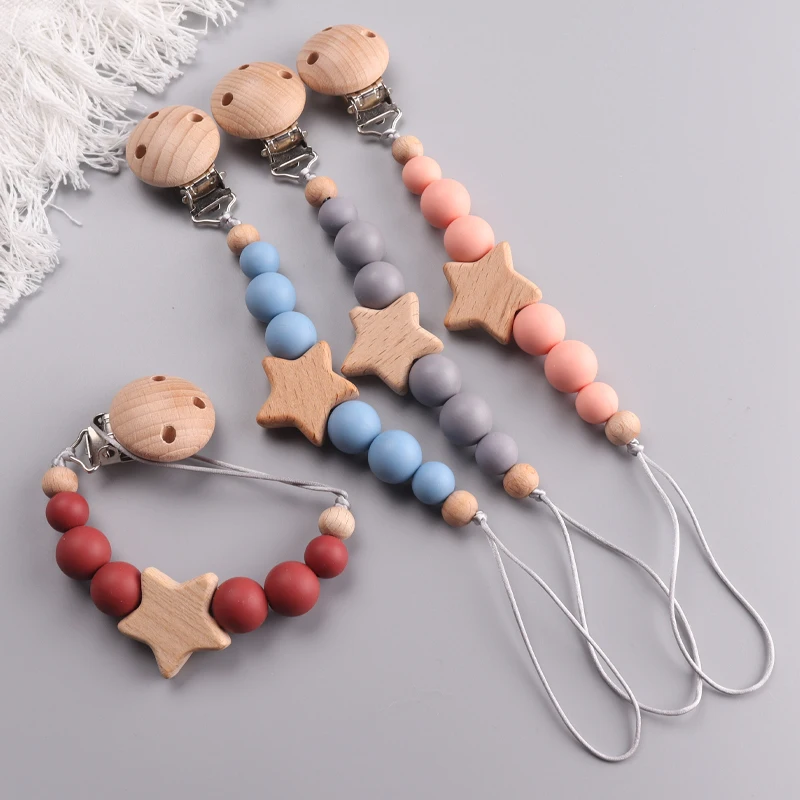 New Baby Pacifier Chain Clips Wood Pentagram Teether Chain For Care Soother Chew Toys Baby accessories