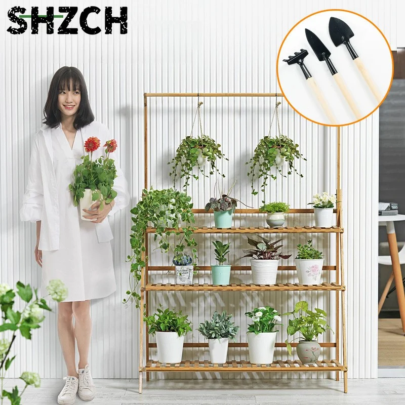 Foldable Wooden Hanging Planter, Thickened Balcony Plant Stand, Vertical Multi-Tier Shelf, Mobile Indoor Flower Pot Organizer