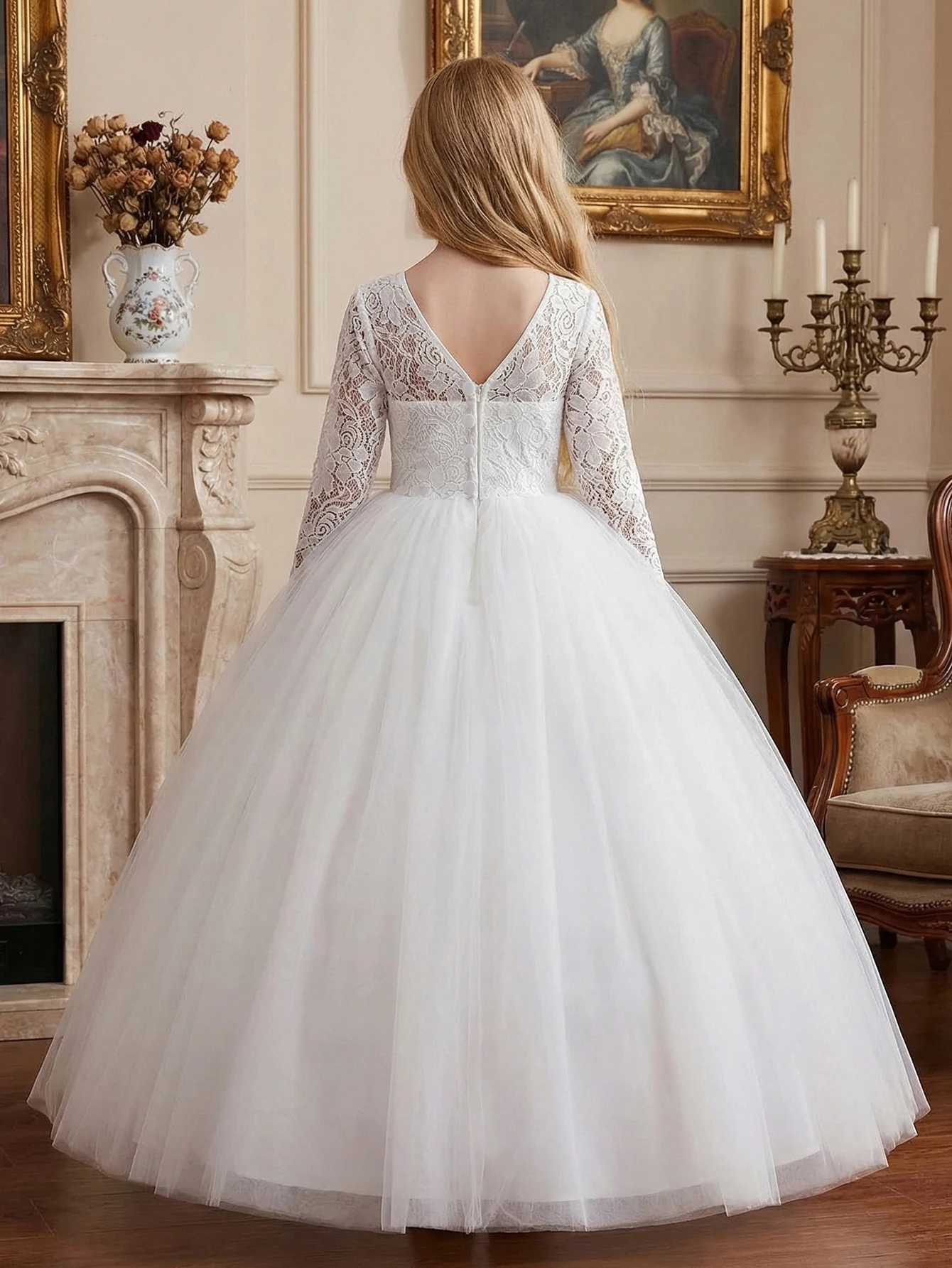 Elegant Romantic White Long-Sleeve Lace-Embellished Mesh Gown with V-Back Detail, Wedding-Season Events, Evening Galas, Party