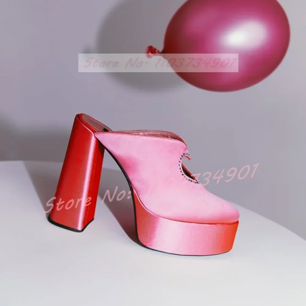 

Розовые атласные шлепанцы с сердечками и кристаллами, женские уличные шлепанцы на платформе с круглым носком, на массивном высоком каблуке, женские стильные туфли большого размера для вечеринок