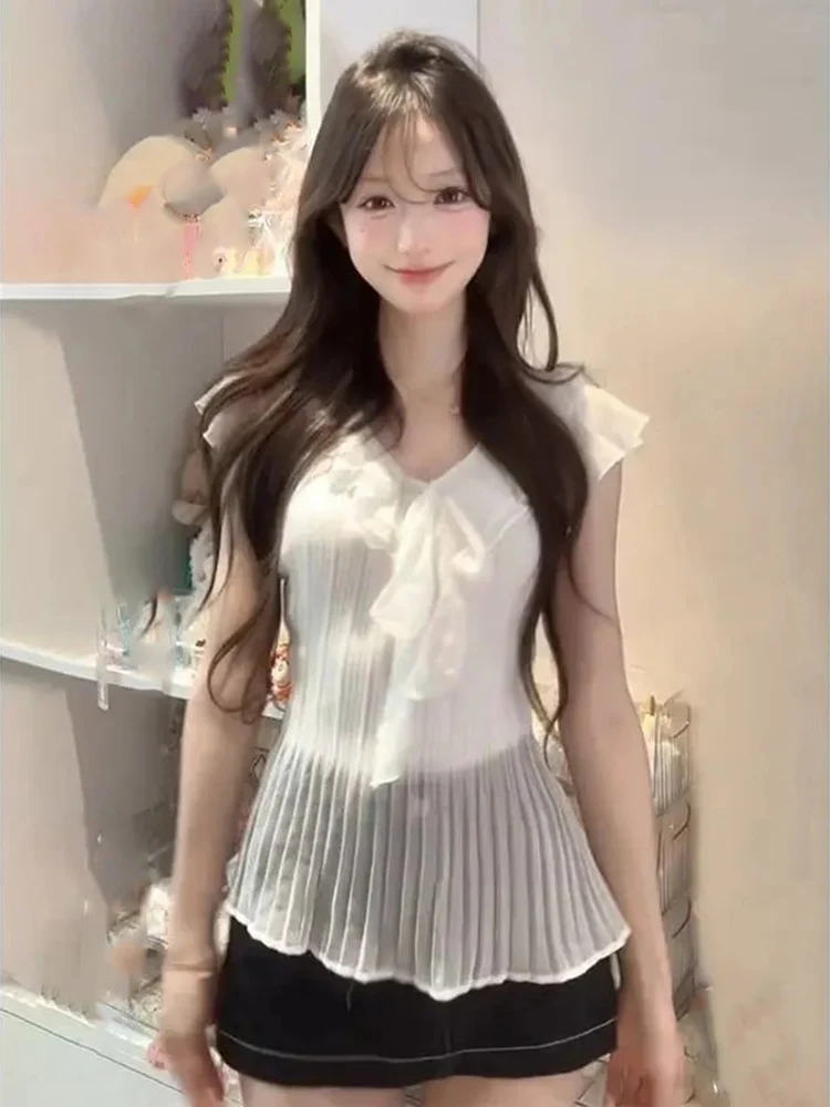 

White Shirts Women's Clothing 2025 Camisas De Mujer Short Sleeve V-neck Folds Blouses Slim Fit Ruffles Thin Chiffon Tops Female